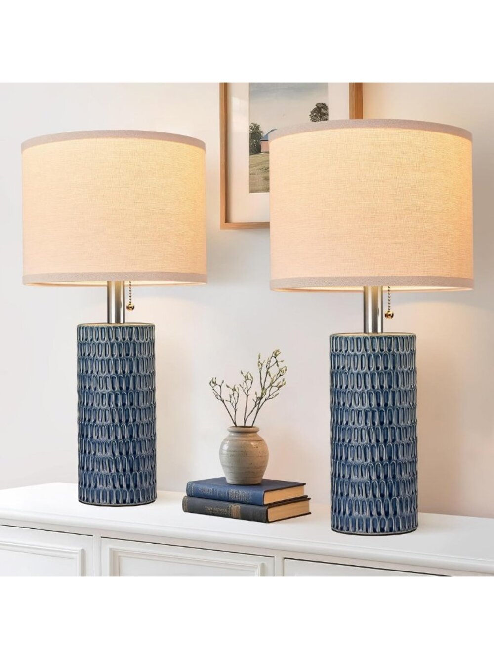 Set of 2 Modern 20.5” Ceramic Table Lamps - Stylish Dark Blue for Bedroom Decor